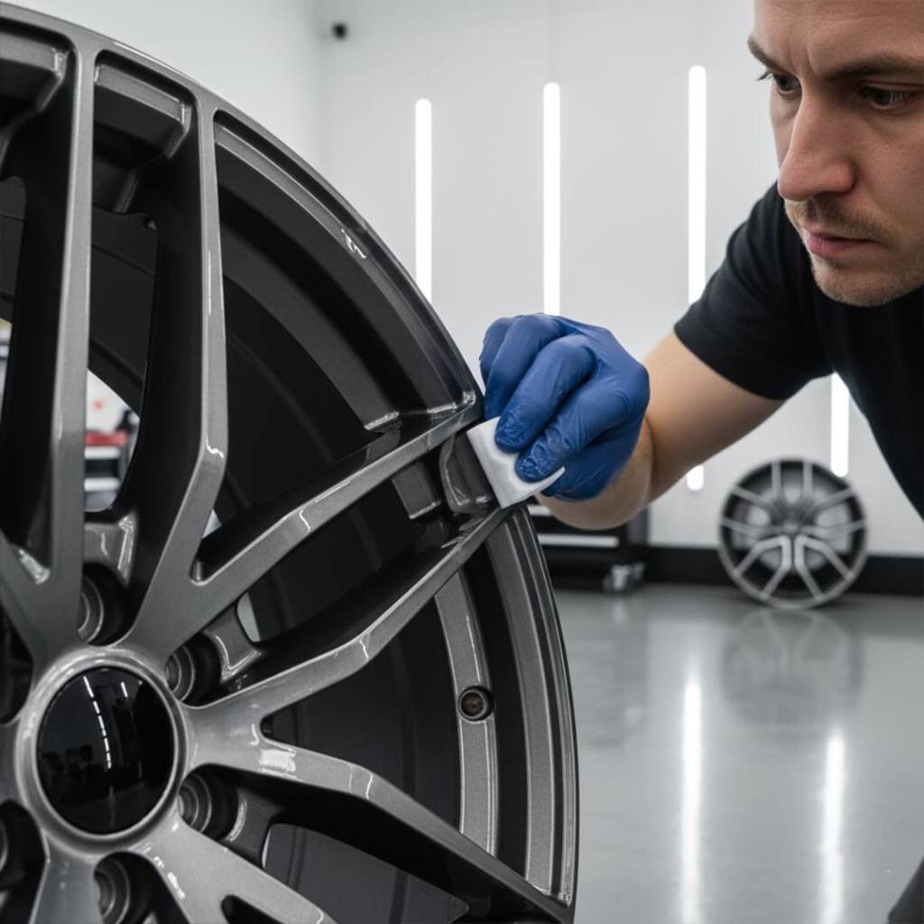 Close-up of ceramic coating being applied to wheel