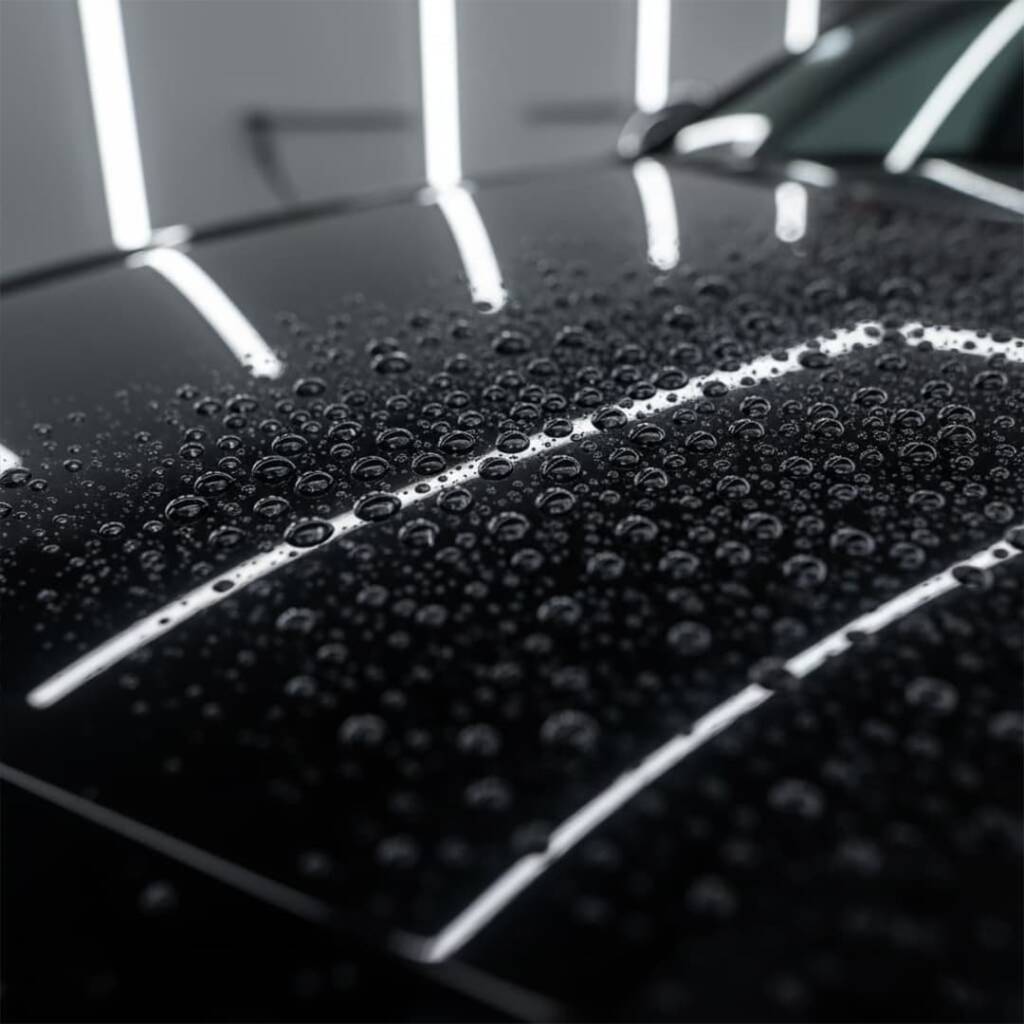 Extreme close-up of perfect water beading on ceramic coated car bonnet, showing hydrophobic effect, professional automotive detailing