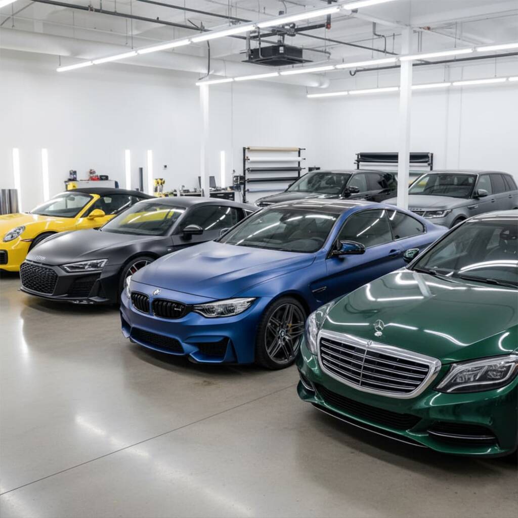 Modern vehicle wrapping studio in Ilford showing multiple cars in various wrap stages, professional equipment, clean environment